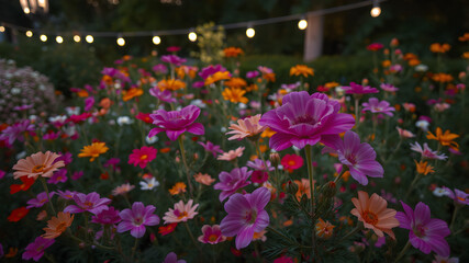 Obraz premium Colorful Flower Garden with Ambient Lights at Night