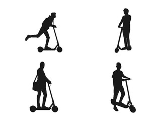 Young man rides a modern urban electric scooter, black isolated silhouette. Hurry businessman on scooter silhouette vector. man riding an electric scooter silhouette on a white background. © ultra designer