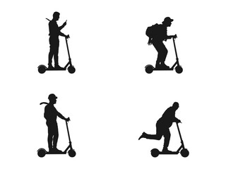 Young man rides a modern urban electric scooter, black isolated silhouette. Hurry businessman on scooter silhouette vector. man riding an electric scooter silhouette on a white background.