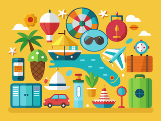 Travel icon set. Summer vacations and holiday symbol vector illustration. Collection of traveling and tourism elements.

