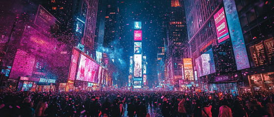 Vibrant night scene of Times Square filled with colorful lights and excited crowds capturing the energy of the city.