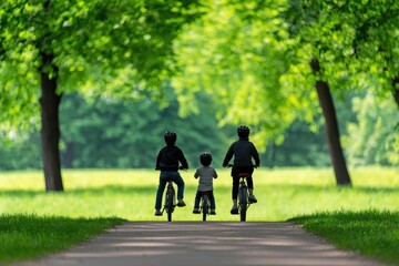 Obraz premium A family riding bicycles together through a city park, symbolizing the accessibility and enjoyment of cycling for all ages in urban areas Family cycling, City park