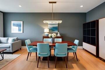 Fototapeta premium Pastel Blue Chairs and Rectangular Mahogany Dining Table in a Modern Living Area with Loveseat and Storage Unit Against a Grey Wall