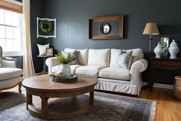 Rustic Round Coffee Table in Chic Vintage Living Area with Cream Sofa and Charcoal Wall Decor