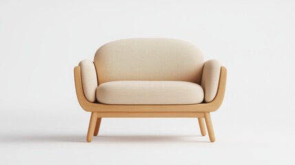 Stylish beige sofa with wooden legs, modern design, perfect for contemporary interior decor against a white isolated background.