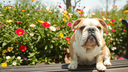 Fototapeta premium Adorable Bulldog in Vibrant Flower Garden