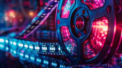 Neon lights illuminate a film reel, creating a striking color contrast that showcases the beauty of cinematic artistry during the evening hours