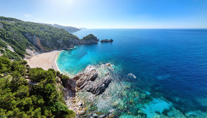 Naklejka premium Aerial view of vibrant turquoise waters nestled between steep rocky cliffs, greenery and sandy beach