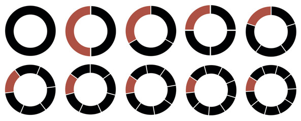 A round segmented chart. Divided into 1-10 parts. Segmented circle icons for infographic, data analysis, web design, ui or presentation. Red and black.