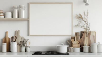 Minimalist Kitchen Decor with Wooden Frames and White Ceramics