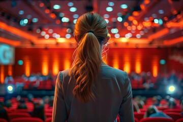 Obraz premium An individual looks toward the stage in a brightly lit auditorium, as attendees gather for a business conference focused on networking and learning