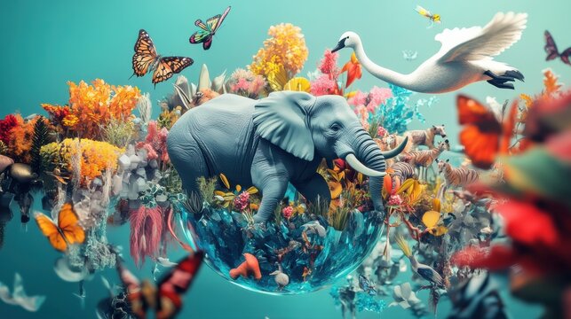 3D style, minimalist, vibrant colors, half-earth filled with various animals to showcase biodiversity including a clear representation