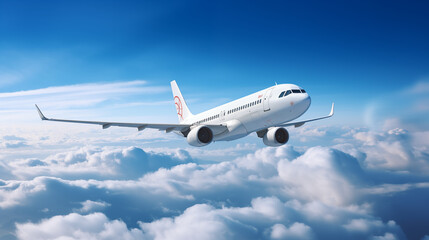 Obraz premium A white passenger airplane is flying high in the bright sky.