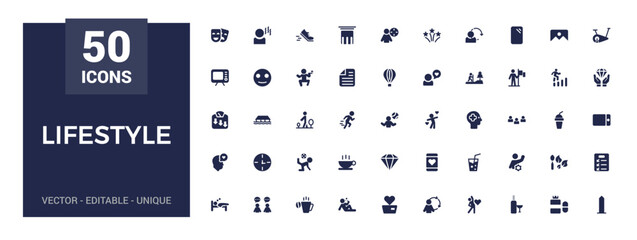 Lifestyle icons collection. Related to healthy lifestyle, diet, exercise, filled icon set, glyph for web and ui. Solid icons set. Vector illustration.