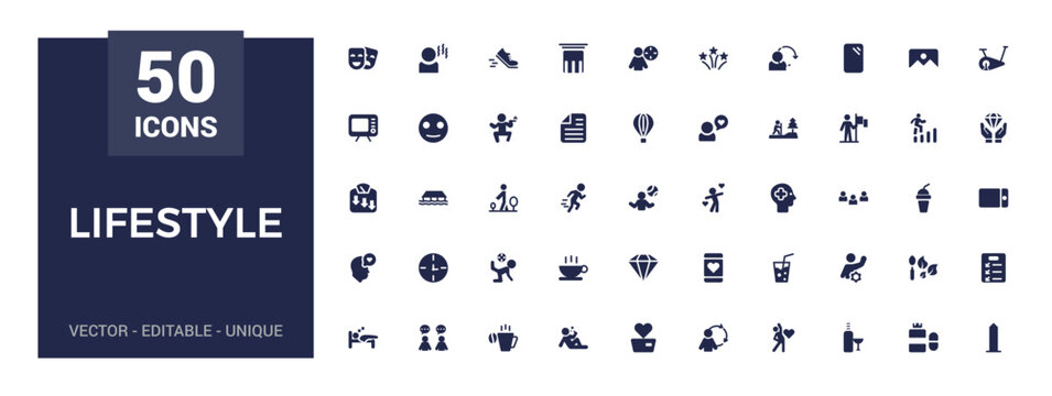 Lifestyle icons collection. Related to healthy lifestyle, diet, exercise, filled icon set, glyph for web and ui. Solid icons set. Vector illustration.