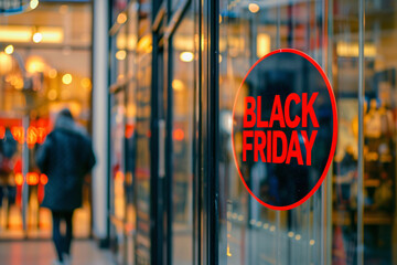 Round black advertisement sign with red text 'Black Friday' in shopping window