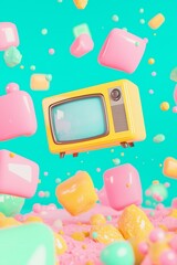 3d retro TVs surrounded by retro maximalist bulky geometric shapes, levitating