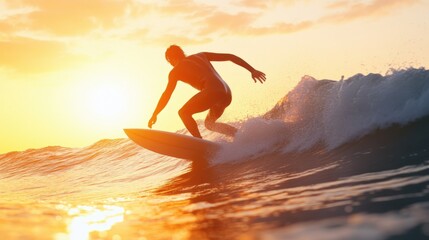 surfer skillfully riding a wave during a stunning sunset, with the golden sunlight reflecting off the ocean surface, capturing the thrill and beauty of the sport.