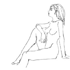 Nude female figure, contour drawing for graphic design.