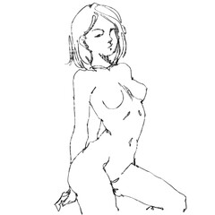 Nude female figure, contour drawing for graphic design.