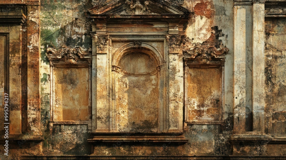 Poster weathered facade with architectural details and empty frames