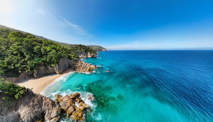 Obraz premium Aerial view of vibrant turquoise waters nestled between steep rocky cliffs, greenery and sandy beach