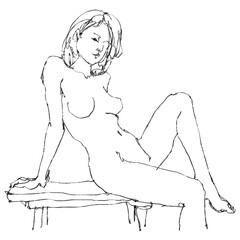 Nude female figure, contour drawing for graphic design.