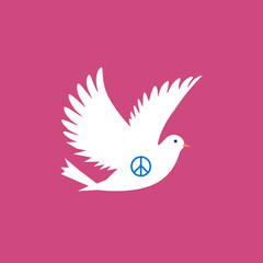 white dove with a blue peace symbol on its body, flying against a pink background, symbolizing peace and harmony