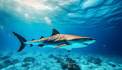 Obraz premium diving with big tiger shark underwater in blue transparent ocean