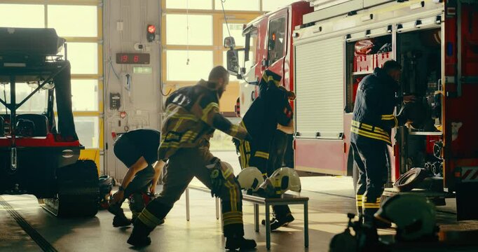 Firefighters, Including a Female Officer, Run to the Garage as the Emergency Call Comes In. One man Get Down on a Pole. They Equip Themselves With Fire Gear and Load Into the Fire Truck. Warm Color