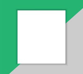 Modern, minimalist design with a white square frame, bordered by green and gray geometric shapes, and a subtle shadow effect resembling a page. Perfect for web design, branding, photo frames. EPS 10