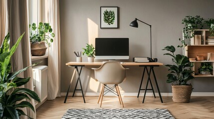 Stylish home office setup, offering a convenient and comfortable workspace for remote work