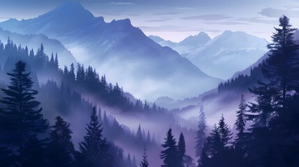Obraz premium Misty mountain forest with snow-capped peaks and dense fog