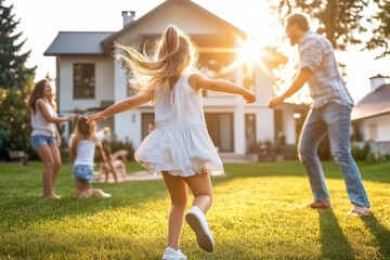 Fototapeta premium A family is playing in the yard, with a young girl running