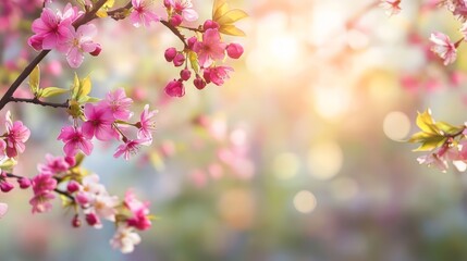 Obraz premium Delicate Pink Blossoms on Springtime Tree Branch with Soft Bokeh Background