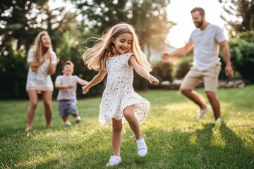 Fototapeta premium A family of four is playing in a grassy field