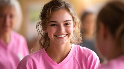 A community health fair with volunteers in pink shirts, caring for the elderly and children, soft natural light, warm and compassionate atmosphere