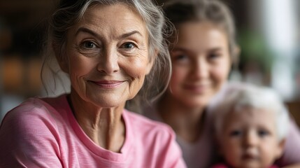 A community health fair with volunteers in pink shirts, caring for the elderly and children, soft natural light, warm and compassionate atmosphere