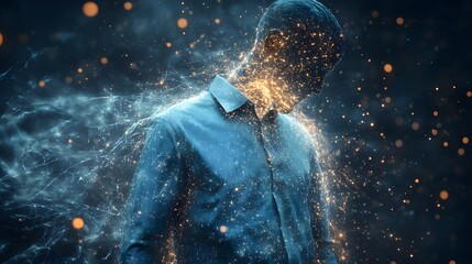 Naklejka premium A conceptual image of a gray shirt dissolving into a digital matrix, symbolizing the blend of technology and humanity, set against a dark futuristic background, Digital Manipulation, Cyberpunk Style
