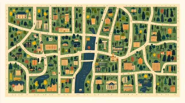 A detailed map of your neighborhood, with key landmarks and local hotspots marked, surrounded by community-themed decorative elements