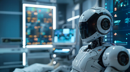 Humanoid robot stands in a futuristic lab with digital screens displaying data. Generative by AI