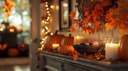 Obraz premium A cozy Halloween corner with pumpkins, candles, and colorful leaves. Generative AI