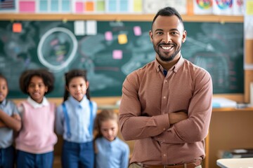 A smiling teacher stands confidently with crossed arms in front of engaged classroom students. Back to school concept. Education and teaching themed designs. Generative AI