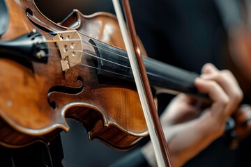 A person is playing a violin in front of a group of people. Concept of harmony and unity, as the musician and the audience are all connected through the music. Generative AI