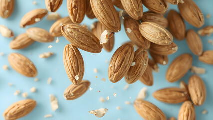 Obraz premium Almonds Falling on Blue Surface