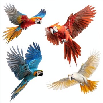 A photostock images of multiple parrots flying isolated on a clean white background