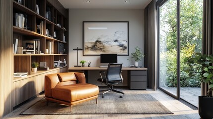 Fototapeta premium Stylish home office setup, offering a convenient and comfortable workspace for remote work
