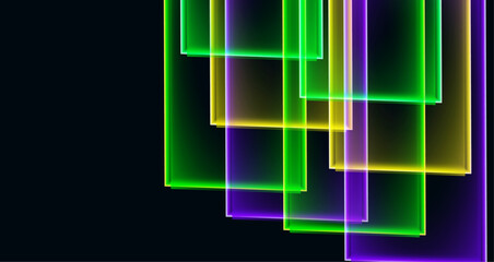 Vibrant composition of layered neon rectangles in green, purple, and yellow against a dark backdrop