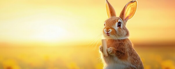 A serene rabbit stands in a golden field at sunset, radiating tranquility against a backdrop of warm, sunlit colors.