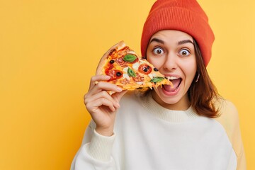 A cheerful woman is eating Italian pizza, her expression surprised by its delicious taste. With her index finger away, on the left, an isolated, light yellow background. Generative AI